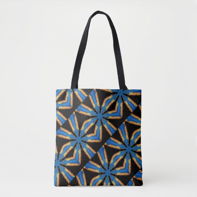 diagonal blue stars pattern black tote bag (Front)
