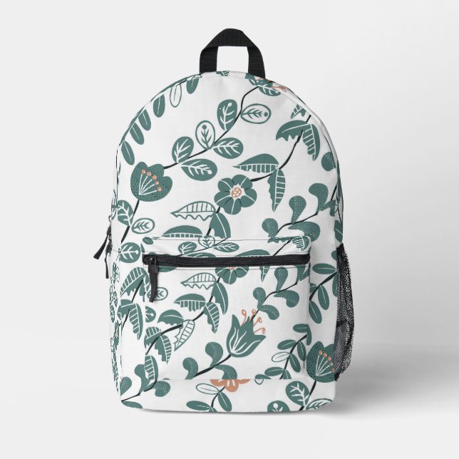 Diagonal Botanical Teal Floral Pattern Printed Backpack (Front)