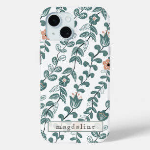 Diagonal Botanical Teal Name Floral Pattern iPhone 15 Case