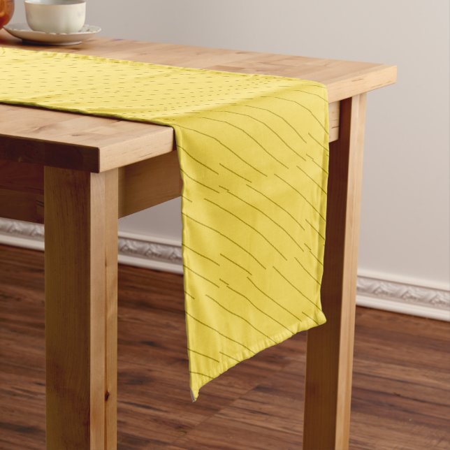 Diagonal brown stripes on mustard yellow short table runner (In Situ)