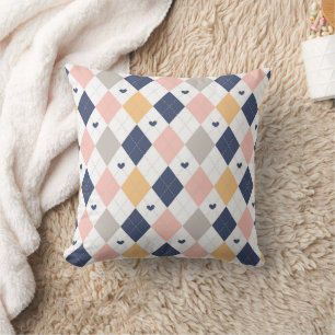 Diagonal Check With Heart Pattern Throw Pillow