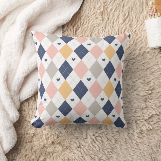  Diagonal Check With Heart Pattern  Throw Pillow (Blanket)