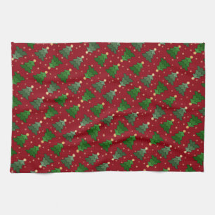 Diagonal Christmas Trees with Stars on Custom Red Kitchen Towel