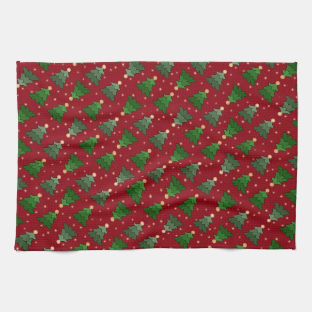 Diagonal Christmas Trees with Stars on Custom Red Kitchen Towel (Horizontal)