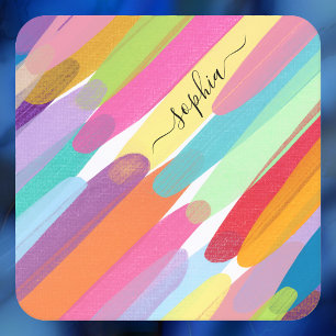 Diagonal Colour Strokes, Name, Abstract Painting Square Paper Coaster