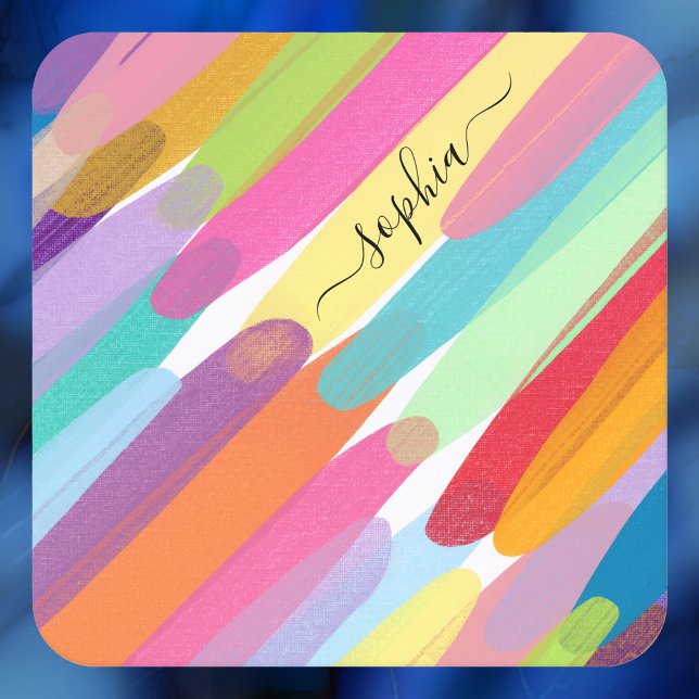 Diagonal Colour Strokes, Name, Abstract Painting Square Paper Coaster (Creator Uploaded)