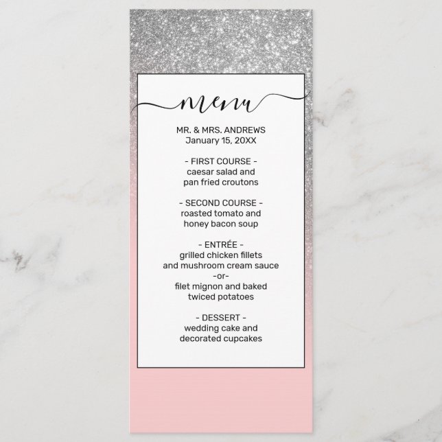 Diagonal Girly Silver Blush Pink Ombre Gradient Menu (Front)