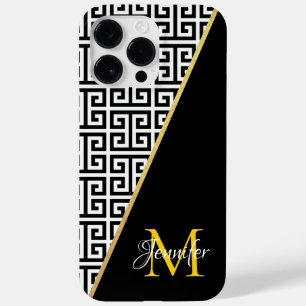 Diagonal Gold Foil Greek Key with Black Monogram Case-Mate iPhone 14 Pro Max Case