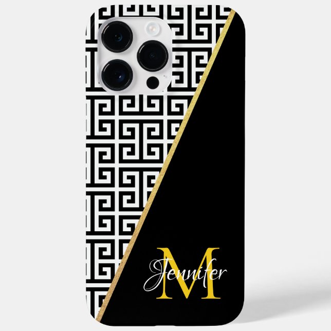 Diagonal Gold Foil Greek Key with Black Monogram Case-Mate iPhone Case (Back)