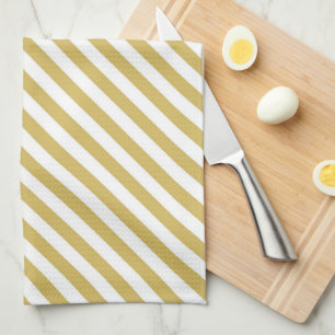 Diagonal golden yellow and white stripes pattern kitchen towel