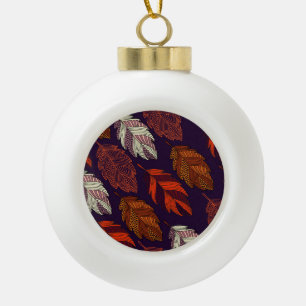 Diagonal Leaves: Hand-Drawn Vintage Pattern Ceramic Ball Christmas Ornament