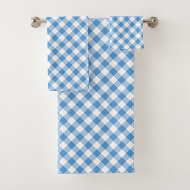 Diagonal Light Blue and White Buffalo Plaid Bath Towel Set (Insitu)
