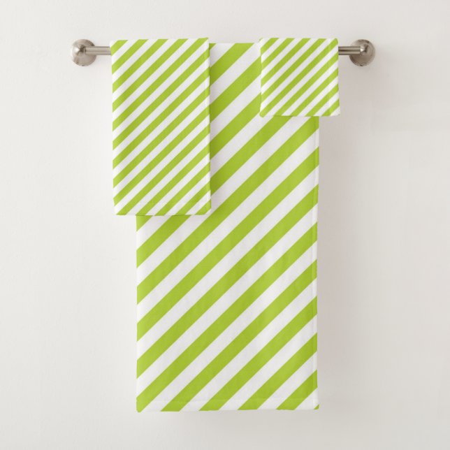 Diagonal lime green and white stripes pattern bath towel set (Insitu)