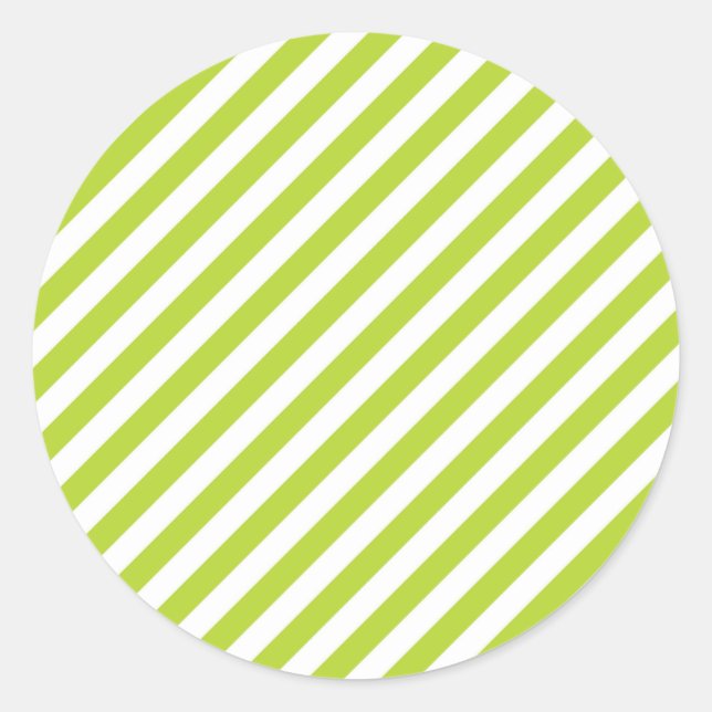 Diagonal lime green and white stripes pattern classic round sticker (Front)