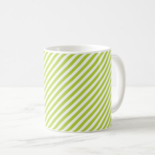 Diagonal lime green and white stripes pattern coffee mug (Front Right)