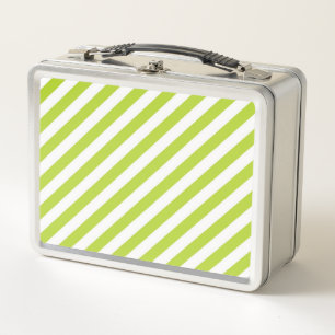 Diagonal lime green and white stripes pattern metal lunch box