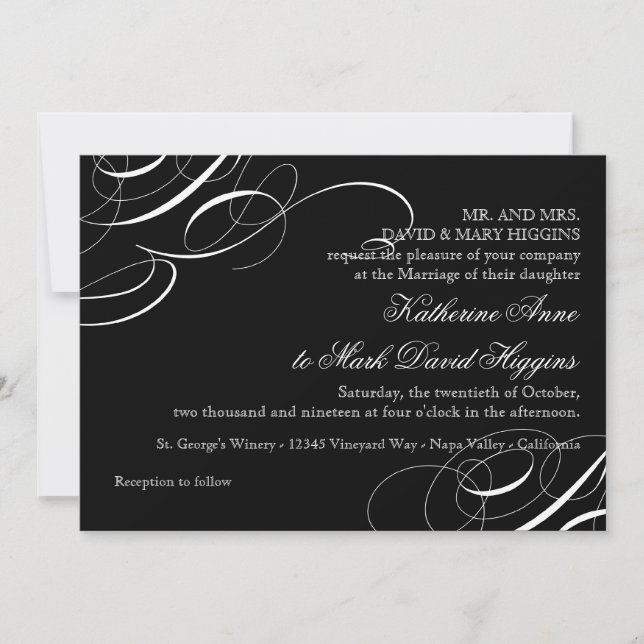 Diagonal Modern Vintage Calligraphy Swirl Invites (Front)
