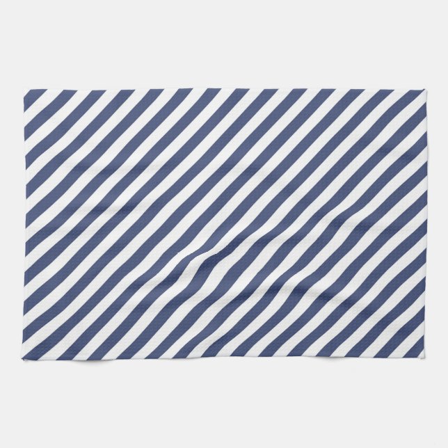 Diagonal navy blue and white stripes pattern kitchen towel (Horizontal)
