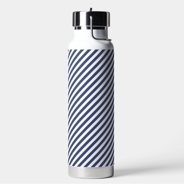 Diagonal navy blue and white stripes pattern water bottle (Left)