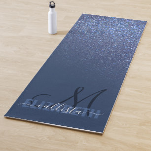Diagonal Navy Blue Glitter Gradient Ombre Monogram Yoga Mat