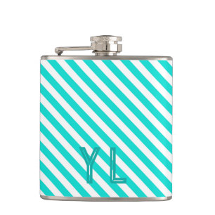 Diagonal neon blue and white stripes initials hip flask
