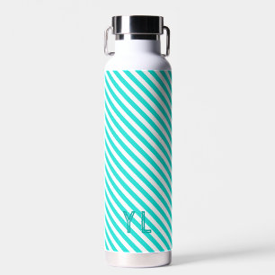 Diagonal neon blue and white stripes initials water bottle
