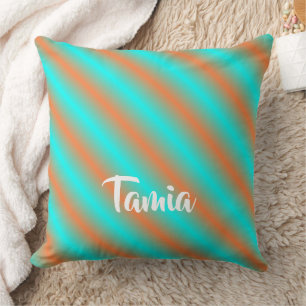 Diagonal orange and blue neon glow stripes throw pillow