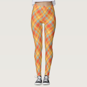 Diagonal Orange Pale Blue Plaid Pattern Leggings