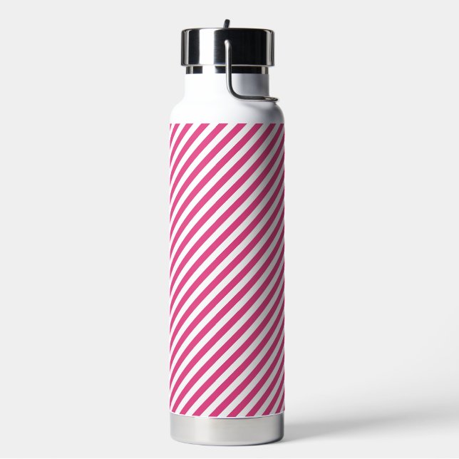 Diagonal pink and white stripes pattern water bottle (Left)