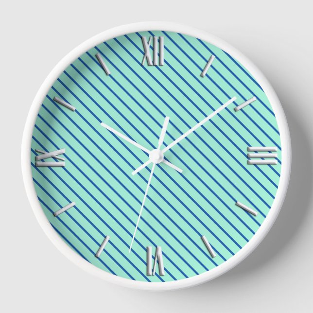 Diagonal pinstripes - aqua  and navy wall clock (Front)