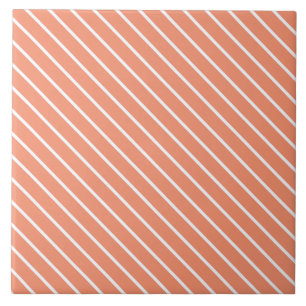 Diagonal pinstripes - coral orange and white tile
