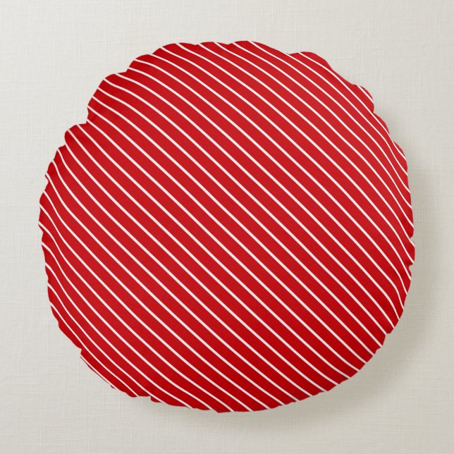 Diagonal pinstripes - deep red and white round pillow (Front)