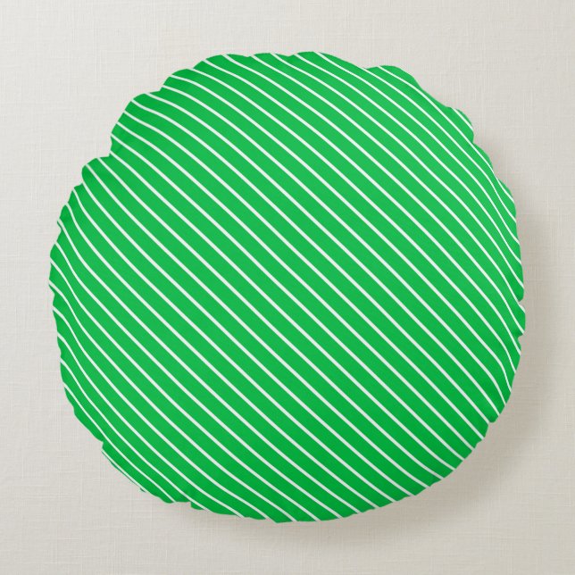 Diagonal pinstripes - emerald green and white round pillow (Front)