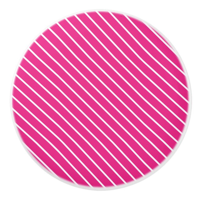 Diagonal pinstripes - fuchsia pink and white ceramic knob (Front)