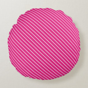 Diagonal pinstripes - fuchsia pink and white round pillow