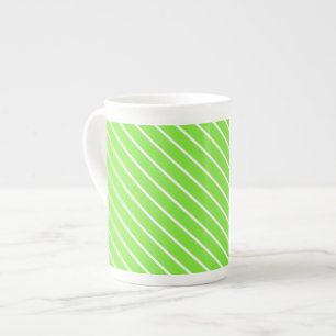 Diagonal pinstripes - lime green and white bone china mug