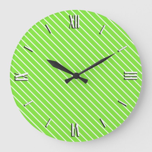 Diagonal pinstripes - lime green and white large clock (Front)