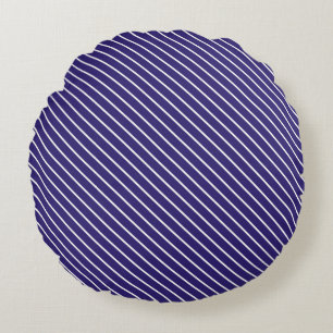 Diagonal pinstripes - navy blue and white round pillow