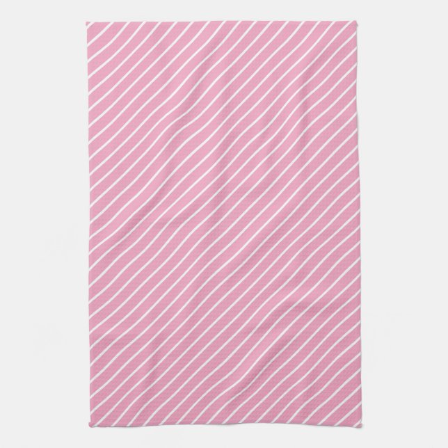 Diagonal pinstripes - shell pink and white kitchen towel (Vertical)