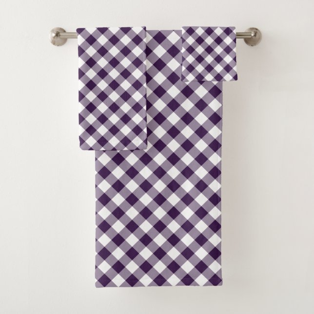 Diagonal Purple and White Gingham Plaid Towel Set (Insitu)
