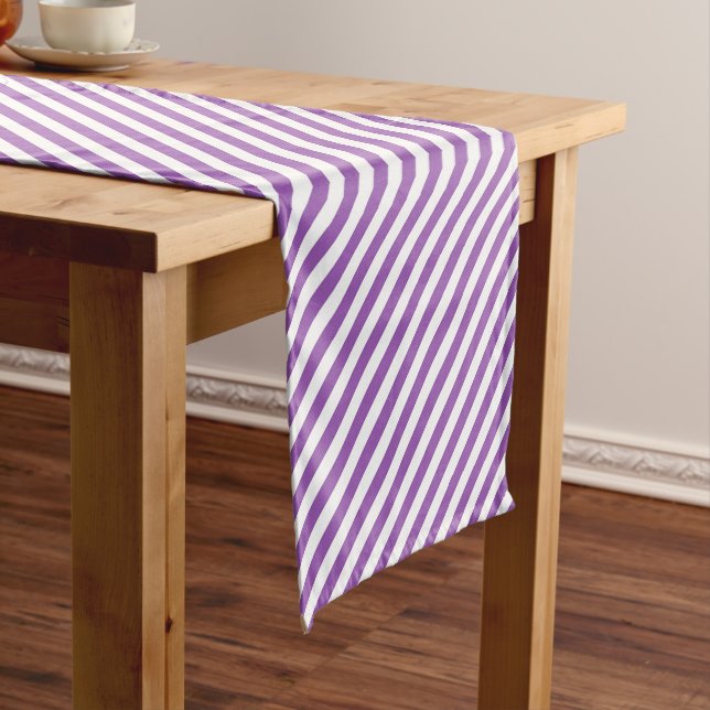 Diagonal purple and white stripes pattern short table runner (In Situ)
