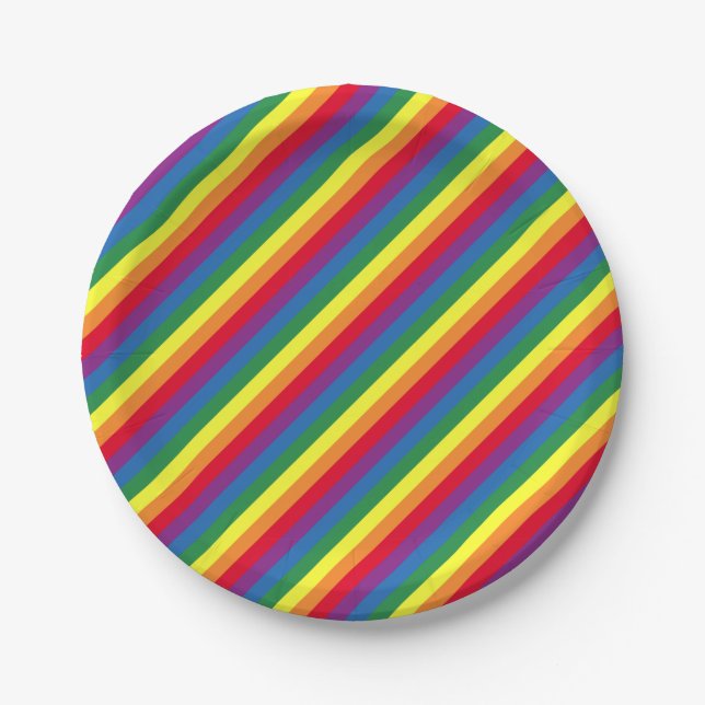 Diagonal Rainbow Pattern Paper Plate (Front)
