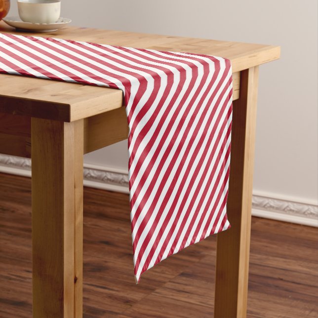 Diagonal red and white stripes pattern short table runner (In Situ)