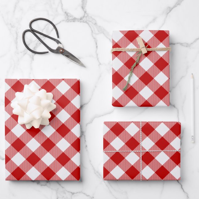 Diagonal Red White Squares Buffalo Plaid Check Wrapping Paper Sheet (Front)