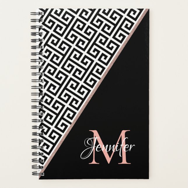 Diagonal Rose Gold Foil Greek Key Black Monogram Planner (Front)