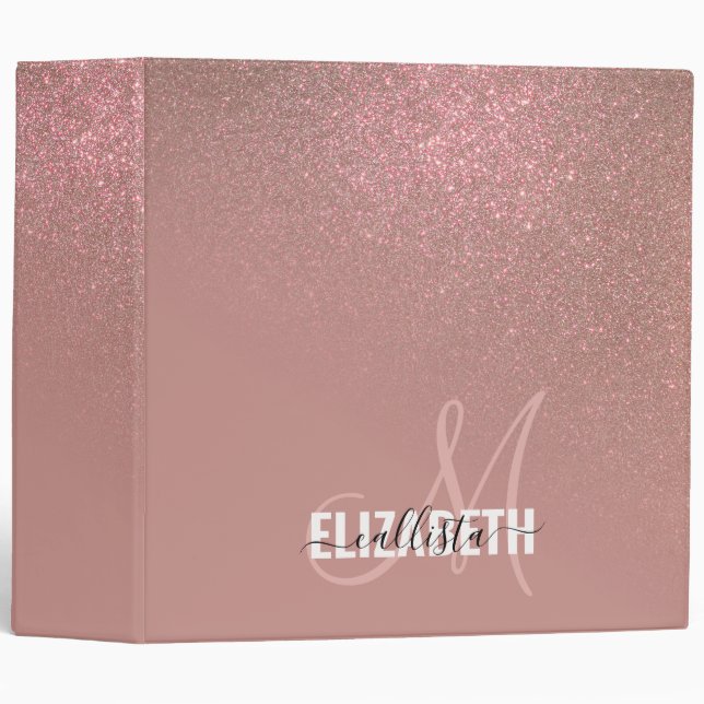 Diagonal Rose Gold Glitter Gradient Ombre Monogram Binder (Front/Spine)