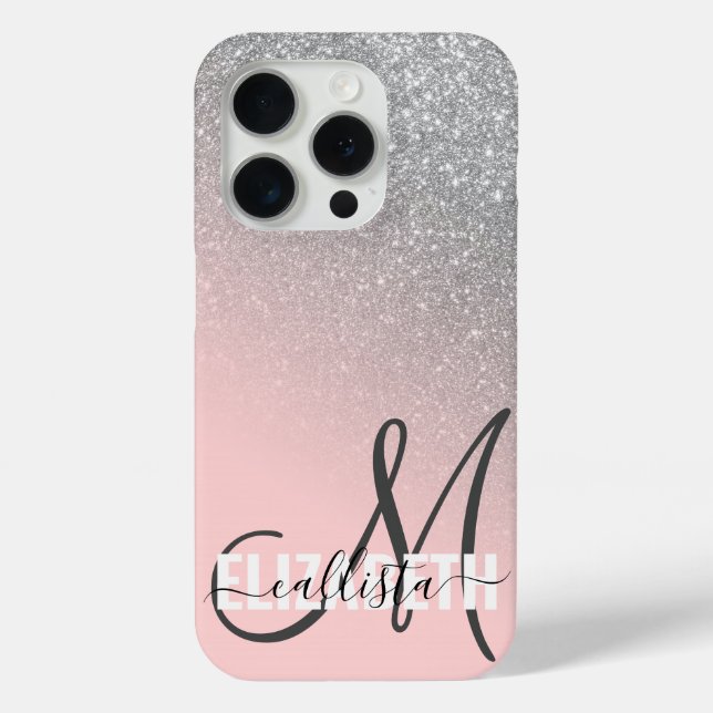 Diagonal Silver Blush Pink Ombre Gradient Monogram Case-Mate iPhone Case (Back)