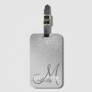 Diagonal Silver Glitter Gradient Ombre Monogram Luggage Tag