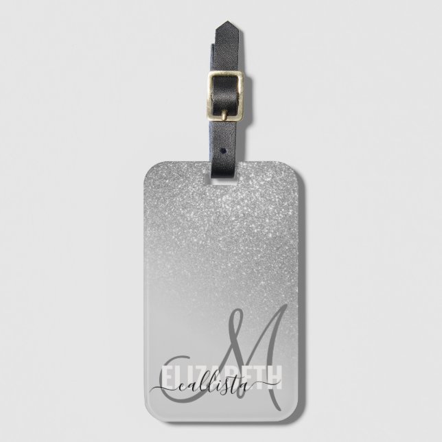 Diagonal Silver Glitter Gradient Ombre Monogram Luggage Tag (Front Vertical)