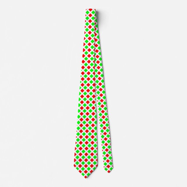 Diagonal Squares - Green and Red on White Neck Tie (Front)